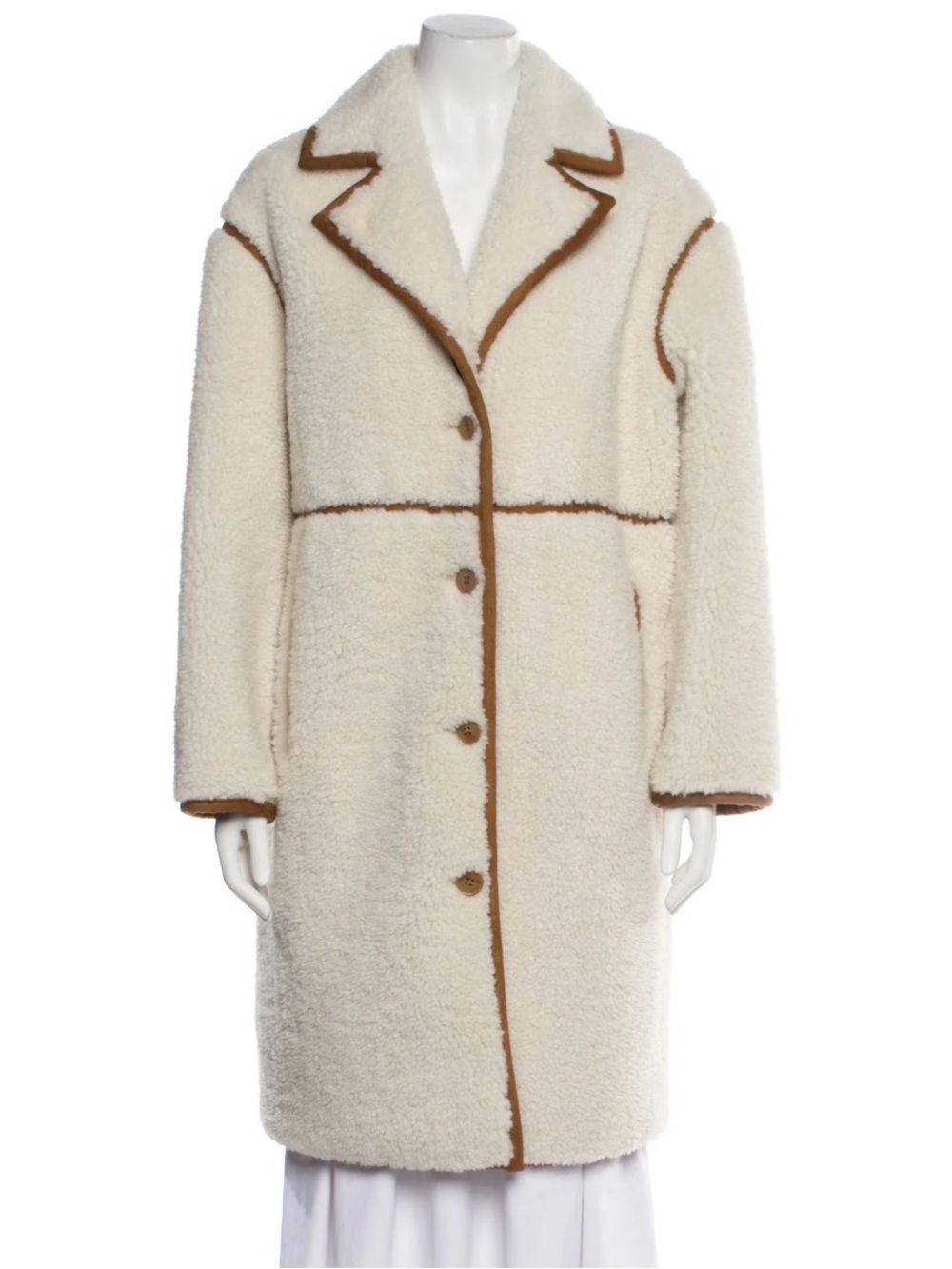 Maje Cream Faux Shearling Coat with Brown Trim